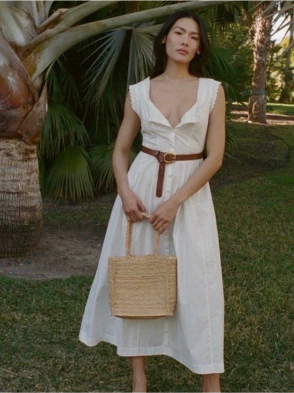 Doen White Anneau Sleeveless Button-Front Midi Dress with Lace Trim